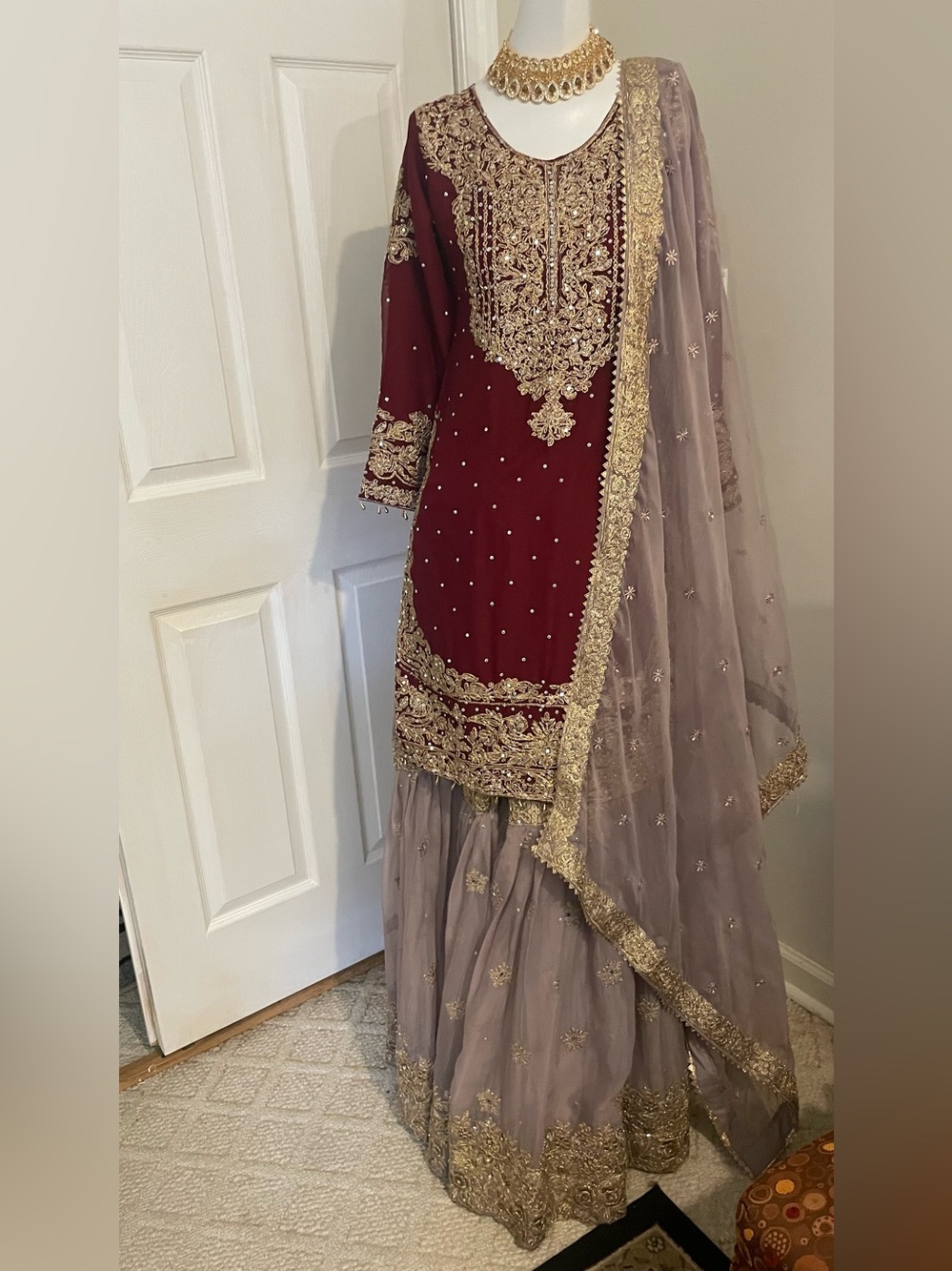 Embroidered Maroon and Taupe Formal Women's Dress